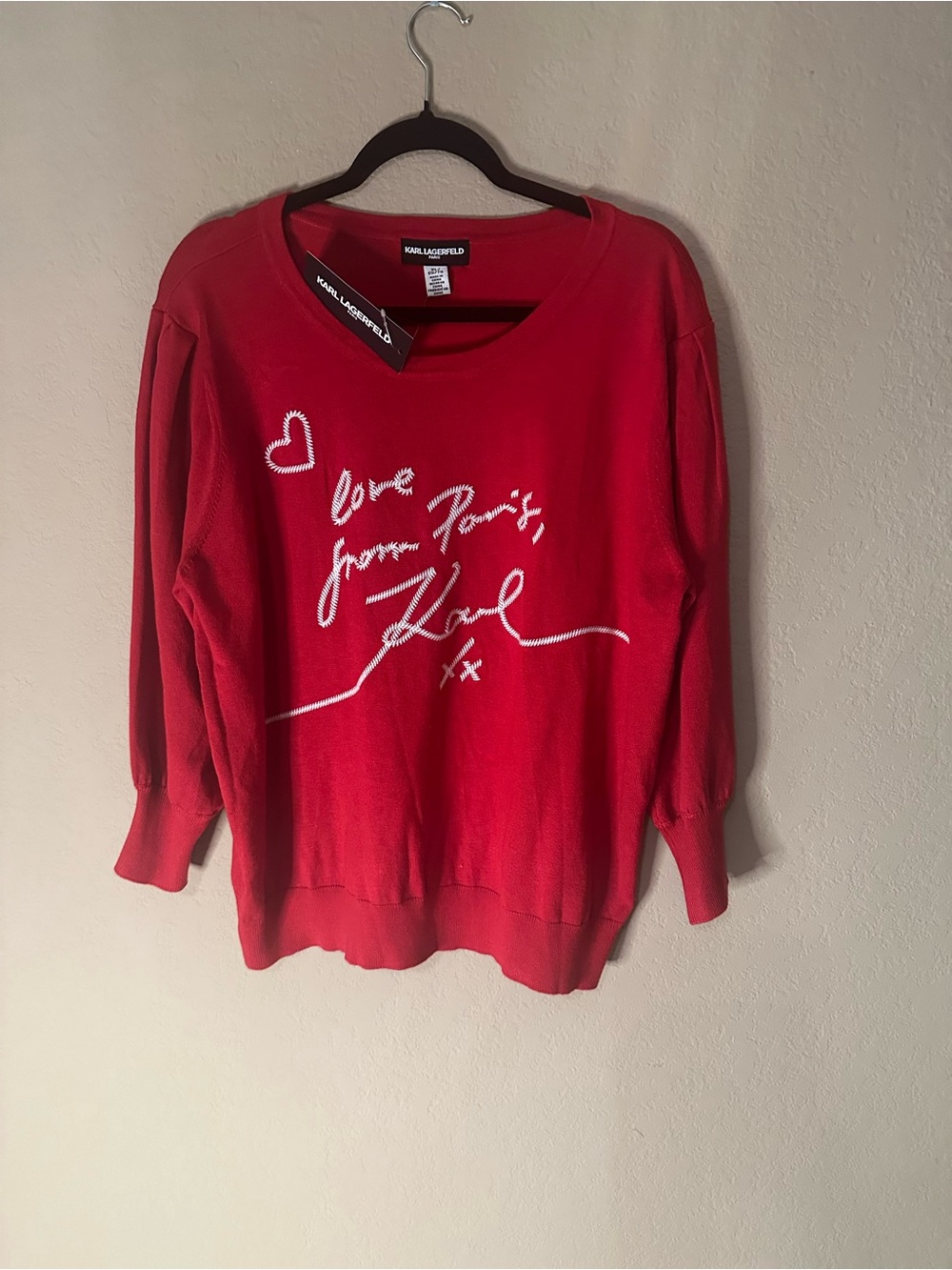 Karl Lagerfeld Red Crewneck Sweater with White Script Heart XL